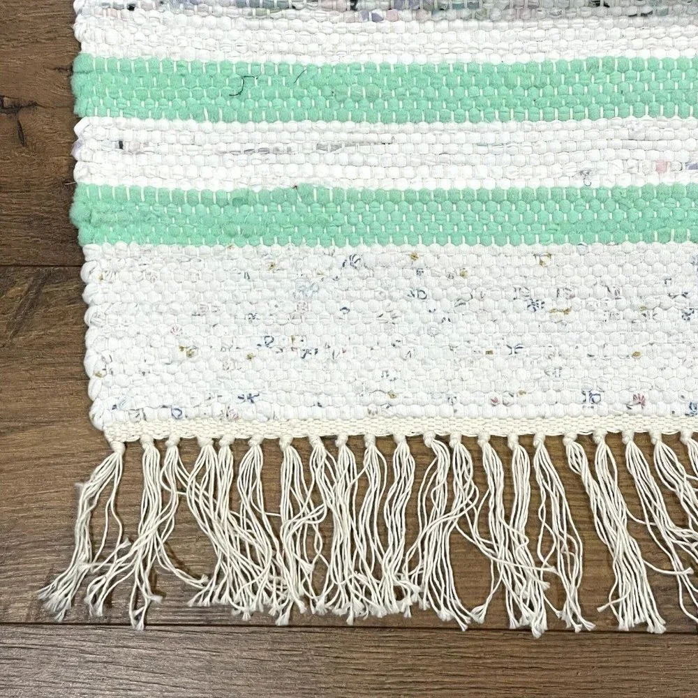 NEW Handmade Woven Rag Rug 20x26 Fringe Tassel‎ Throw Cotton Striped Green Ivory